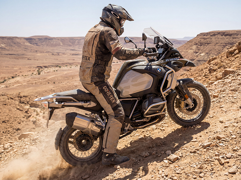 GS rider off road wearing Gore-Tex motorcycle suit